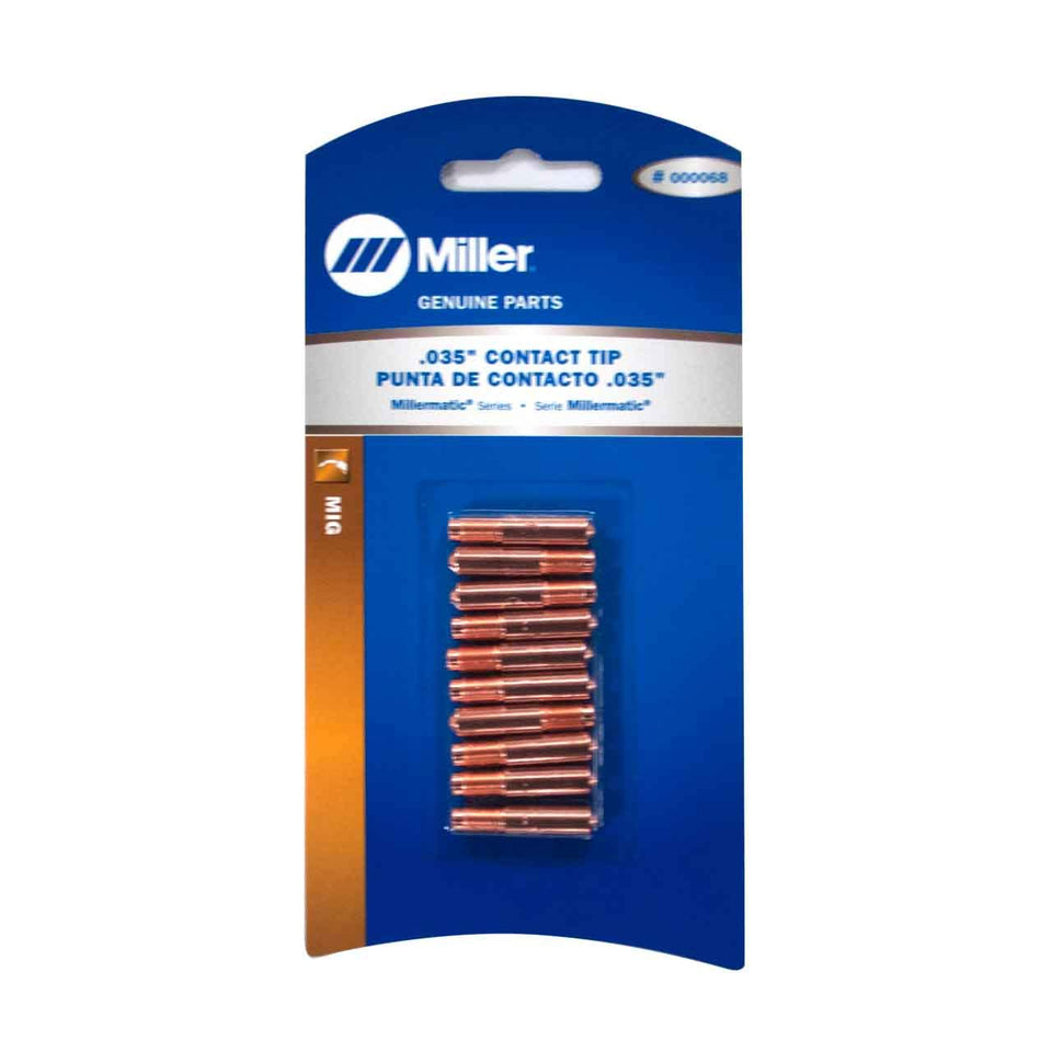Miller contact tip PK10 pack close-up for reliable MIG performance.