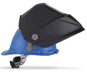 Blades inside the welding helmet slide into hard hat slots for secure fit