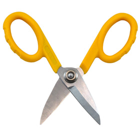 Miller KS-1 yellow fiber optic scissors close-up showing micro-serrated blade for precise cuts