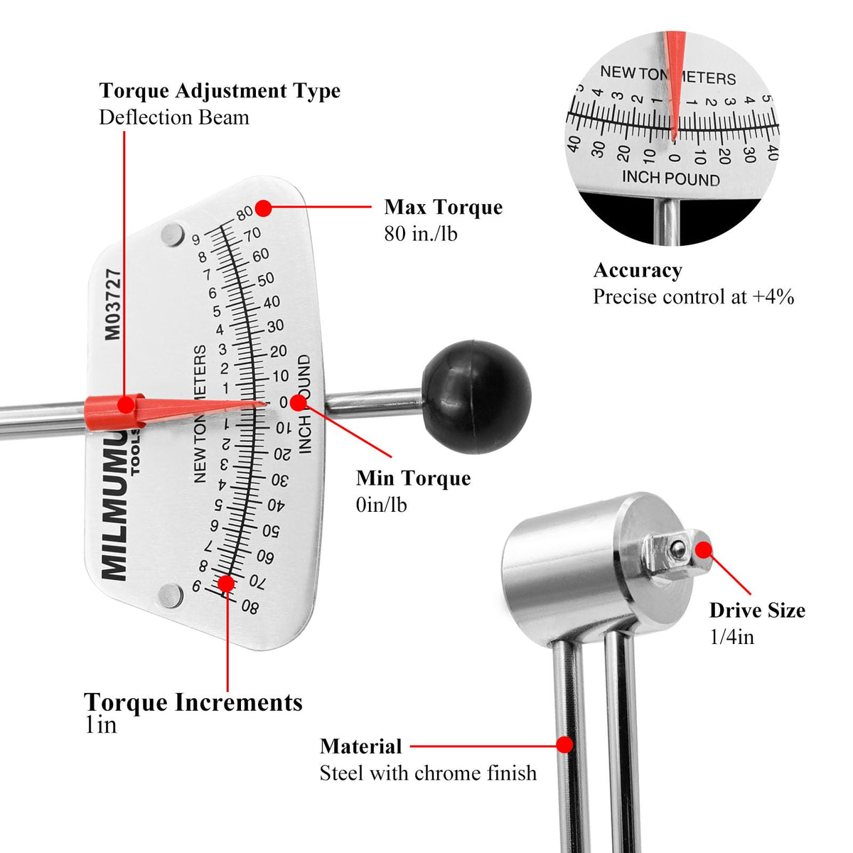 MILMUMU corrosion-resistant mirror-chrome finish on torque wrench for long life