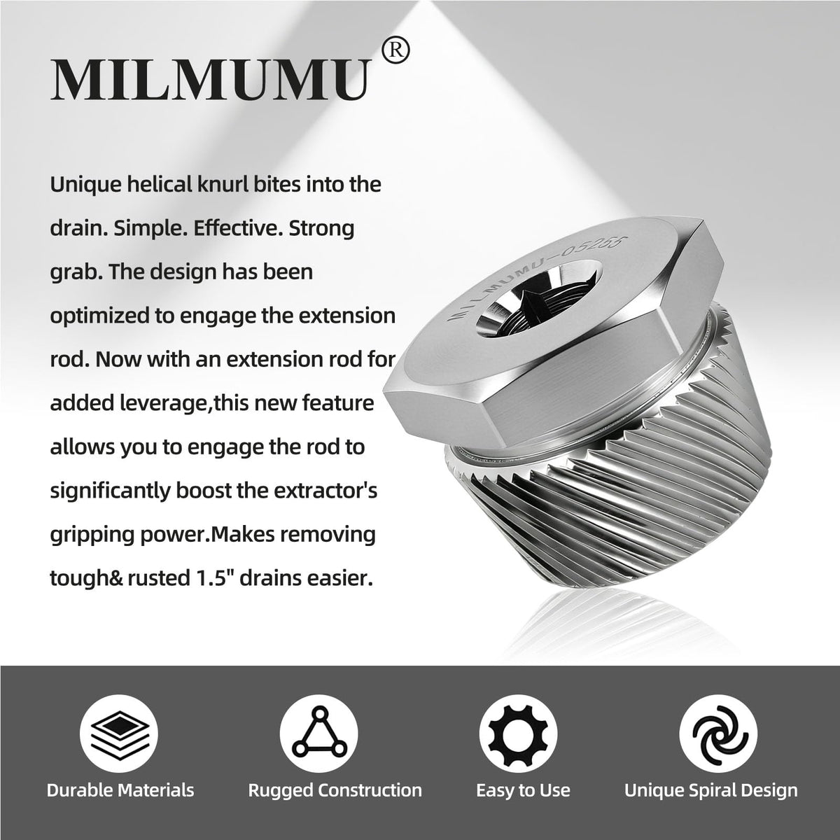 MILMUMU secure-fit tip highlights precise alignment for simple drain removal