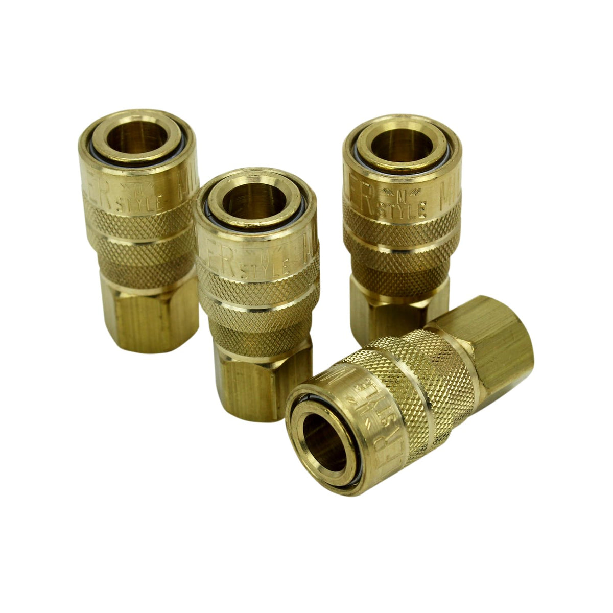 Milton S-715-4 FNPT M-style coupler, angled view highlighting quick connect capability.