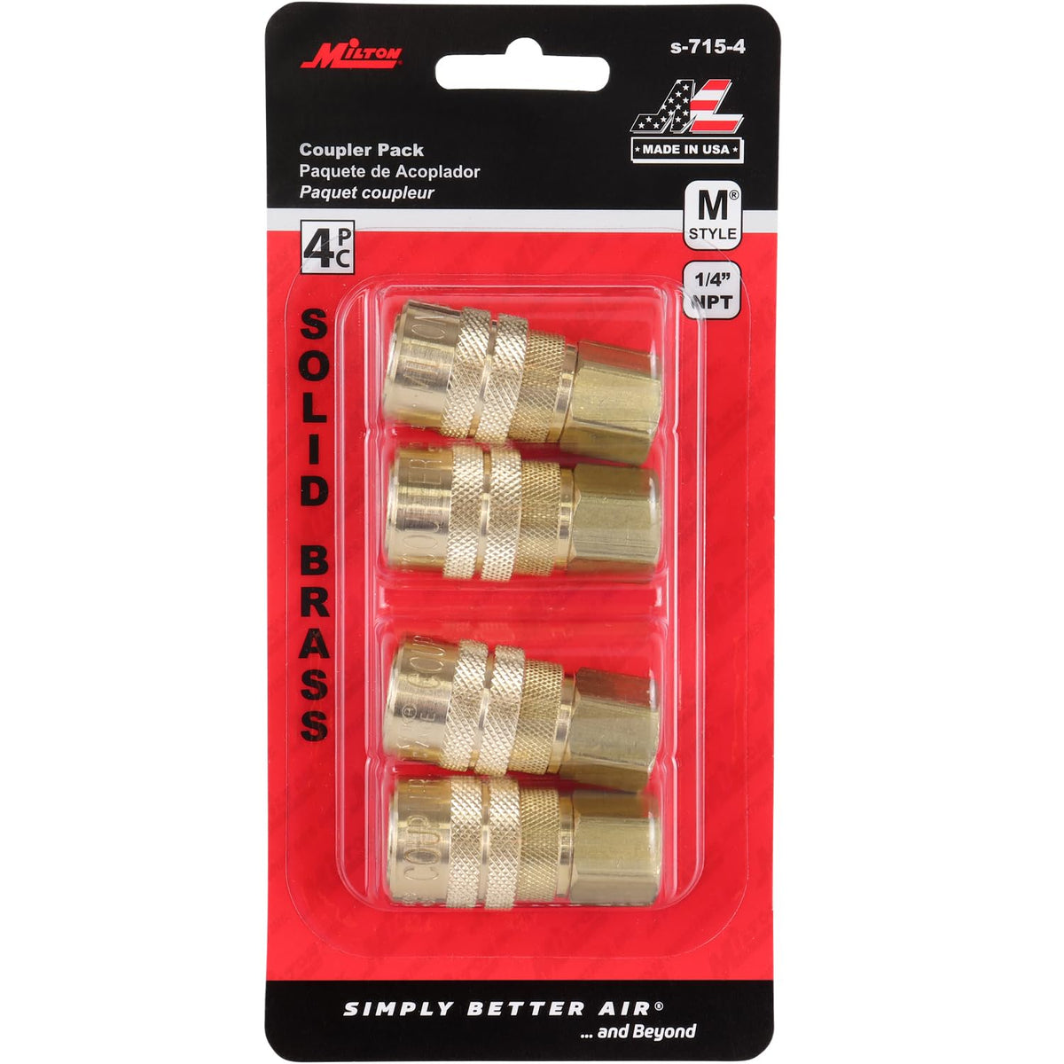 Milton S-715-4 FNPT M-style coupler, precise 1/4-inch threading for secure fittings.