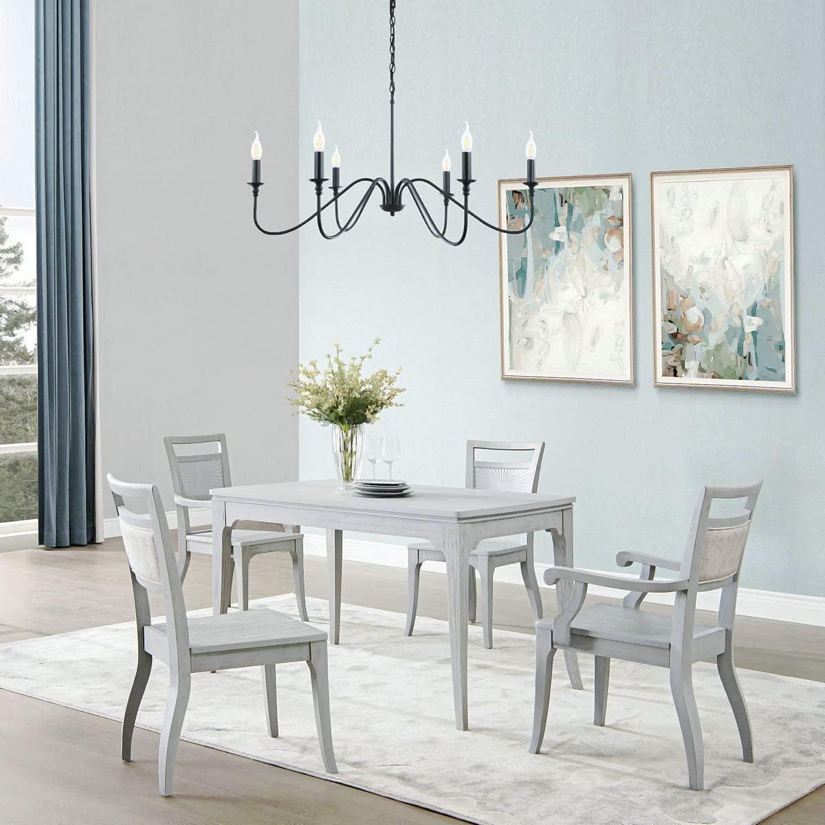 Miluolan farmhouse chandelier offering dimmable lighting for cozy evenings.