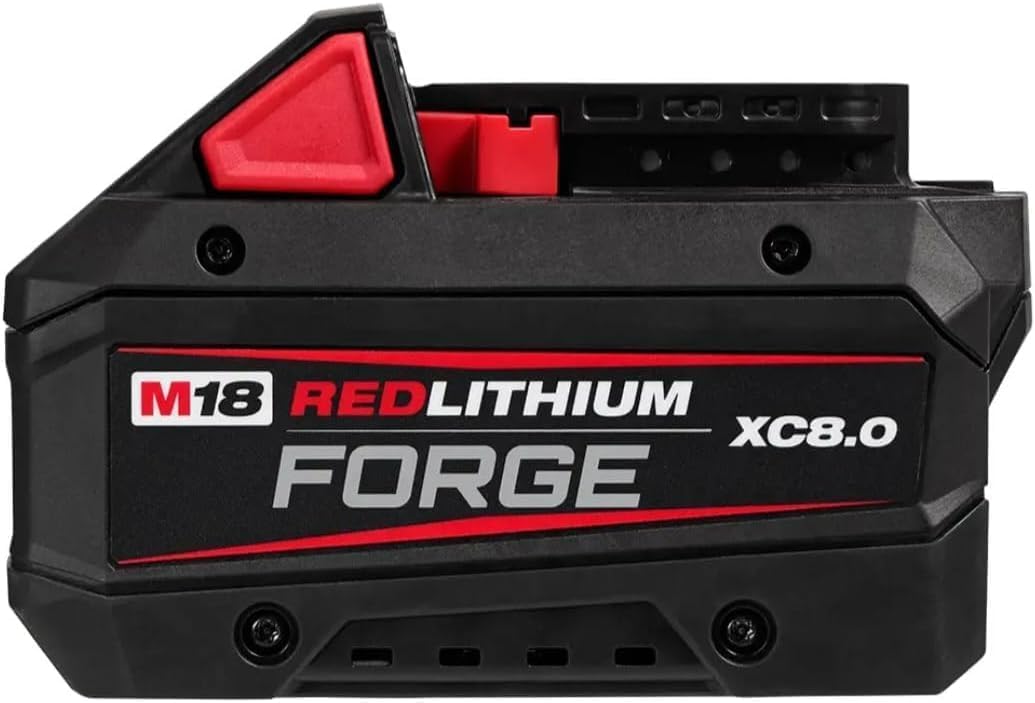 Milwaokee M18 Forge battery close-up highlighting 8.0Ah capacity for extended Milwaukee tool runtime.