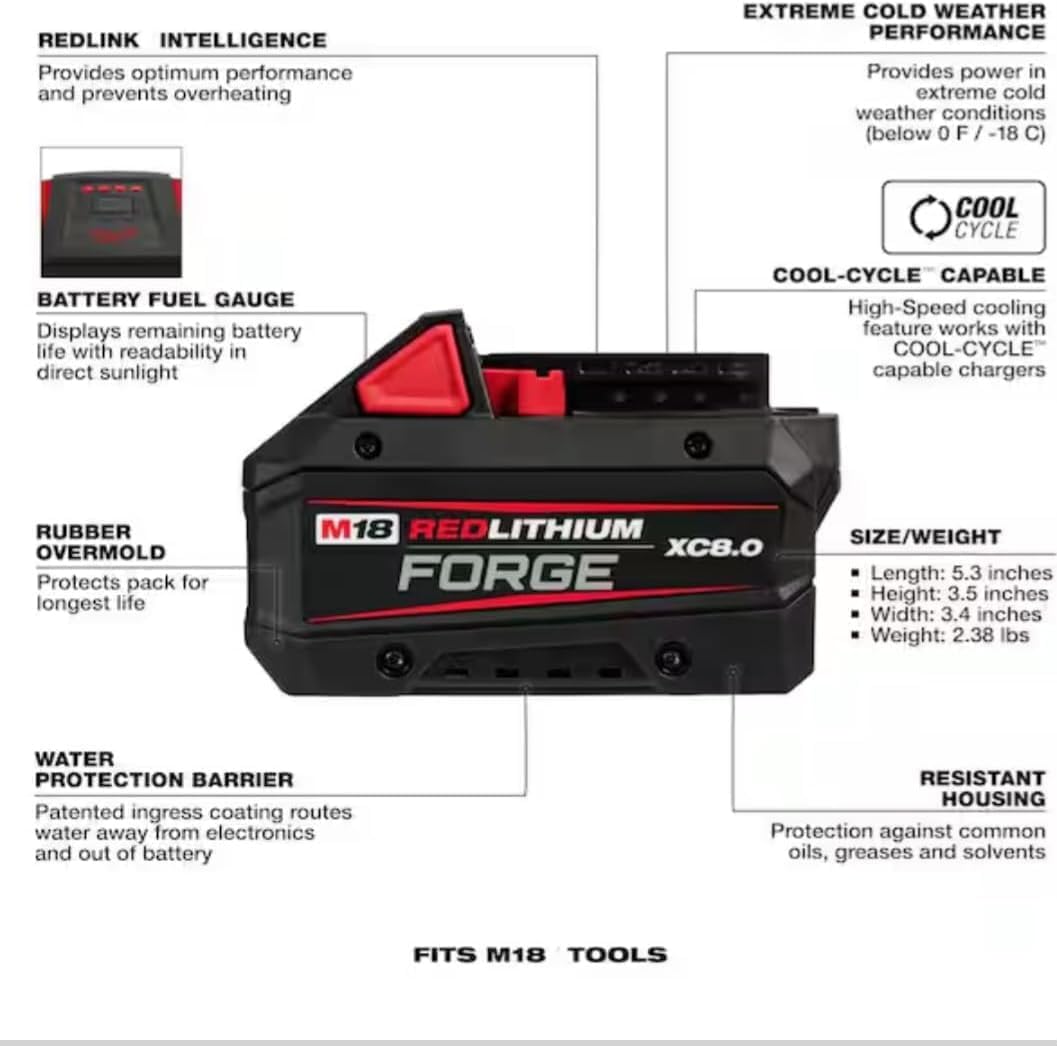 Milwaokee M18 Forge battery pack in box, brand-new, 3-year warranty, ready for Milwaukee tools.