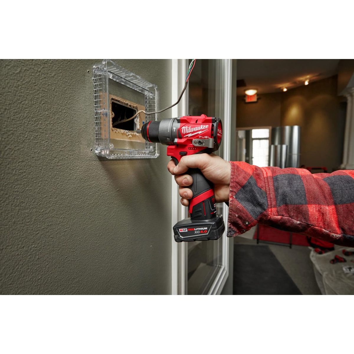 Milwaukee 12V Fuel motor close-up emphasizes efficiency for subcompact tasks.