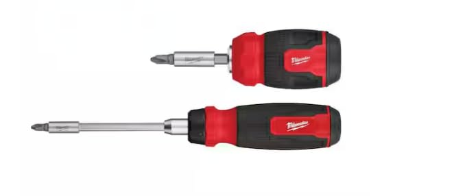Milwaukee 14-in-1 ratcheting screwdriver with in-handle storage for quick access.