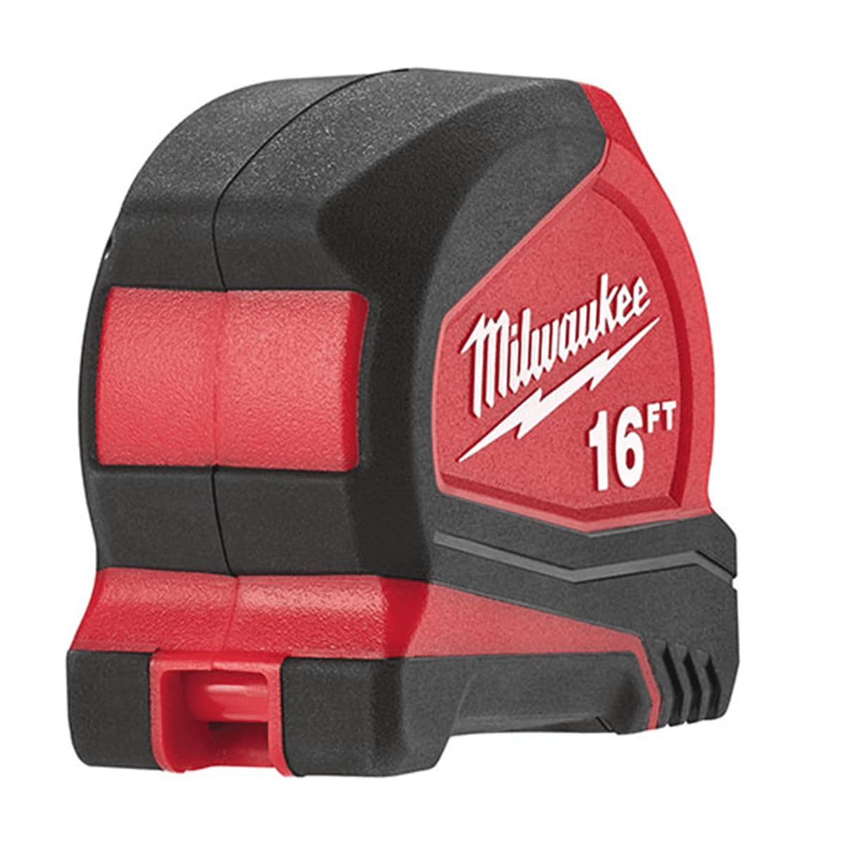 Milwaukee 16 ft compact tape measure with belt clip enables hands-free carry.