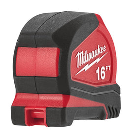 Milwaukee 16 ft compact tape measure with belt clip enables hands-free carry.
