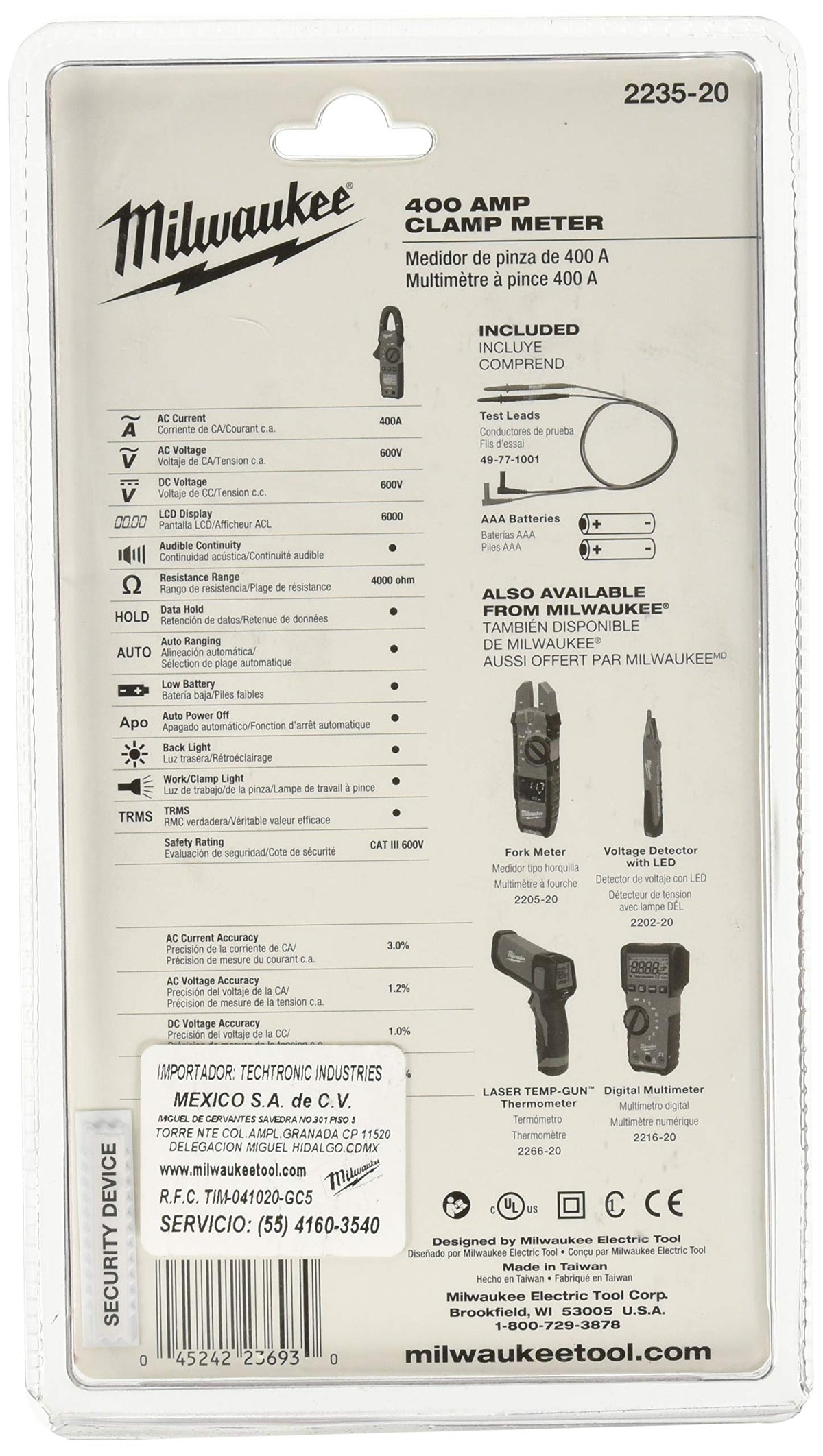 Milwaukee 2235-20 clamp meter display and buttons with backlight for easy reading
