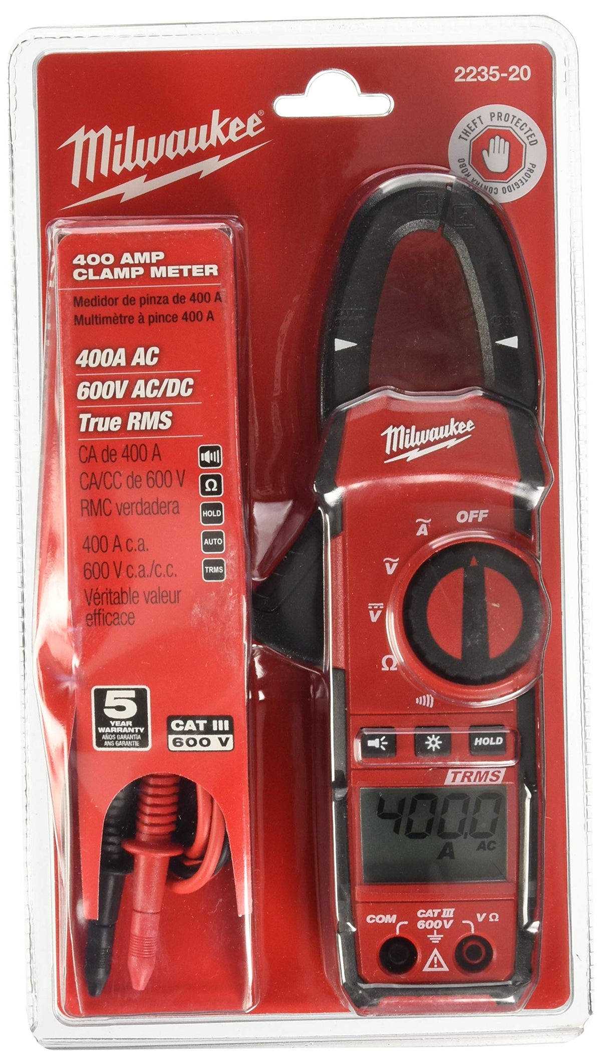 Milwaukee 2235-20 clamp meter front view for quick on-site current and voltage checks