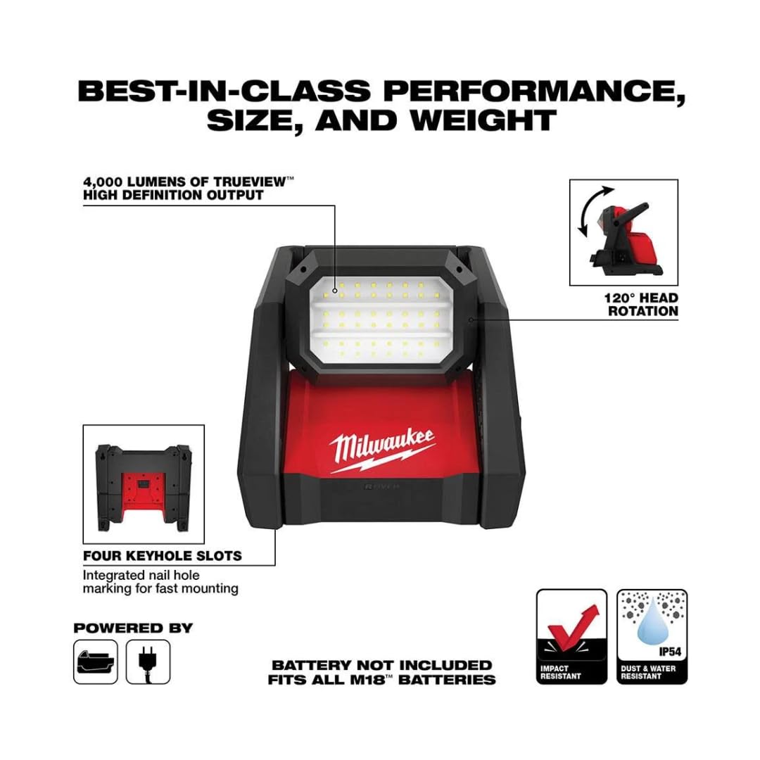 Milwaukee 2366-20 Rover 4000-lumen output for broad area coverage and clear detail.