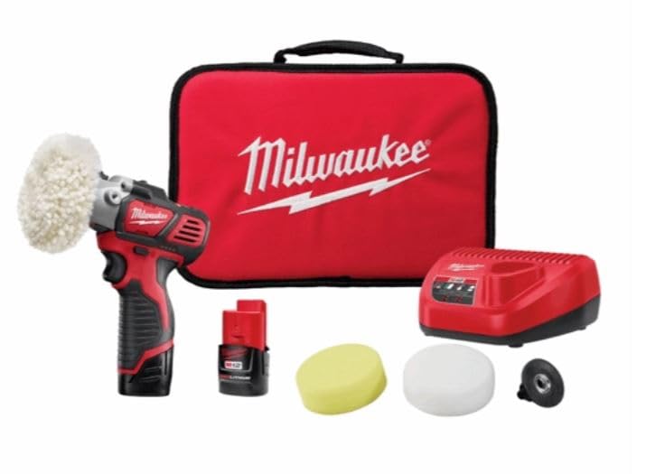 Milwaukee 2438-22 M12 polisher-sander: compact cordless detailing tool for polishing and sanding.