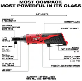 Milwaukee 2457-20 ratchet with front LED light aiding visibility in dim work areas