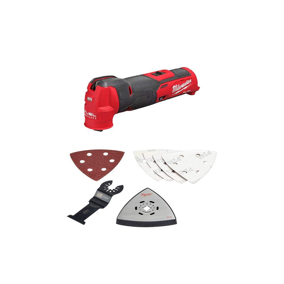 Milwaukee 2526-20 oscillating multi-tool showing fast cutting capability with brushless motor and tool-free blade change