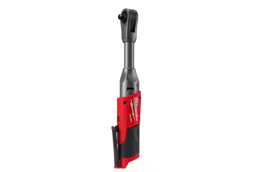 Milwaukee 2560-20 extended reach ratchet demonstrates slim head for tight spaces.