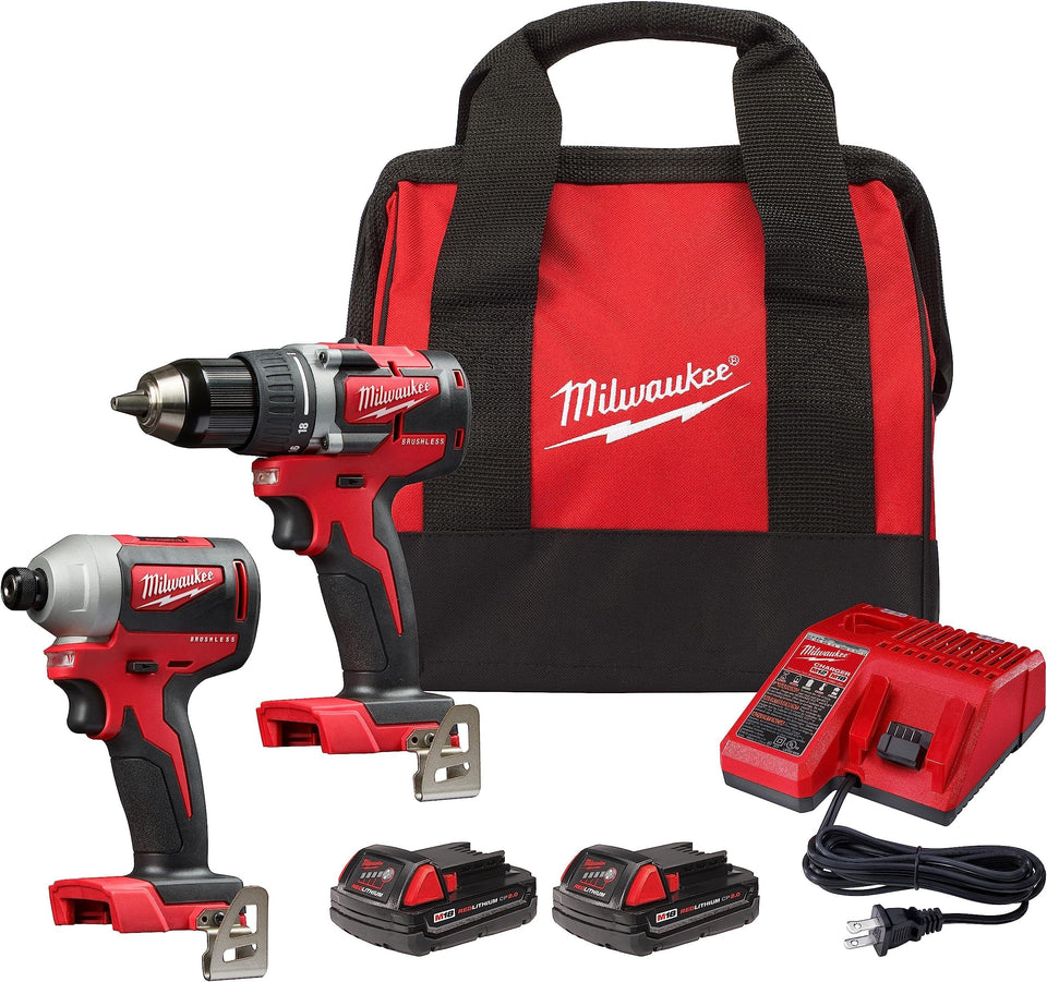 Milwaukee 2697-22 hammer drill and impact driver kit for versatile tasks in tight spaces.