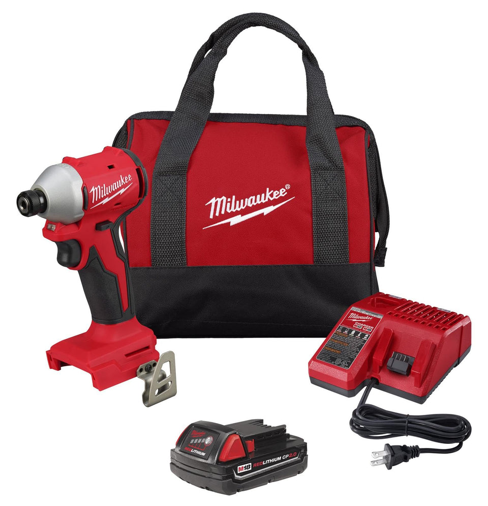 Milwaukee 2850-21P compact hex impact driver front view for overhead tasks and tight spaces