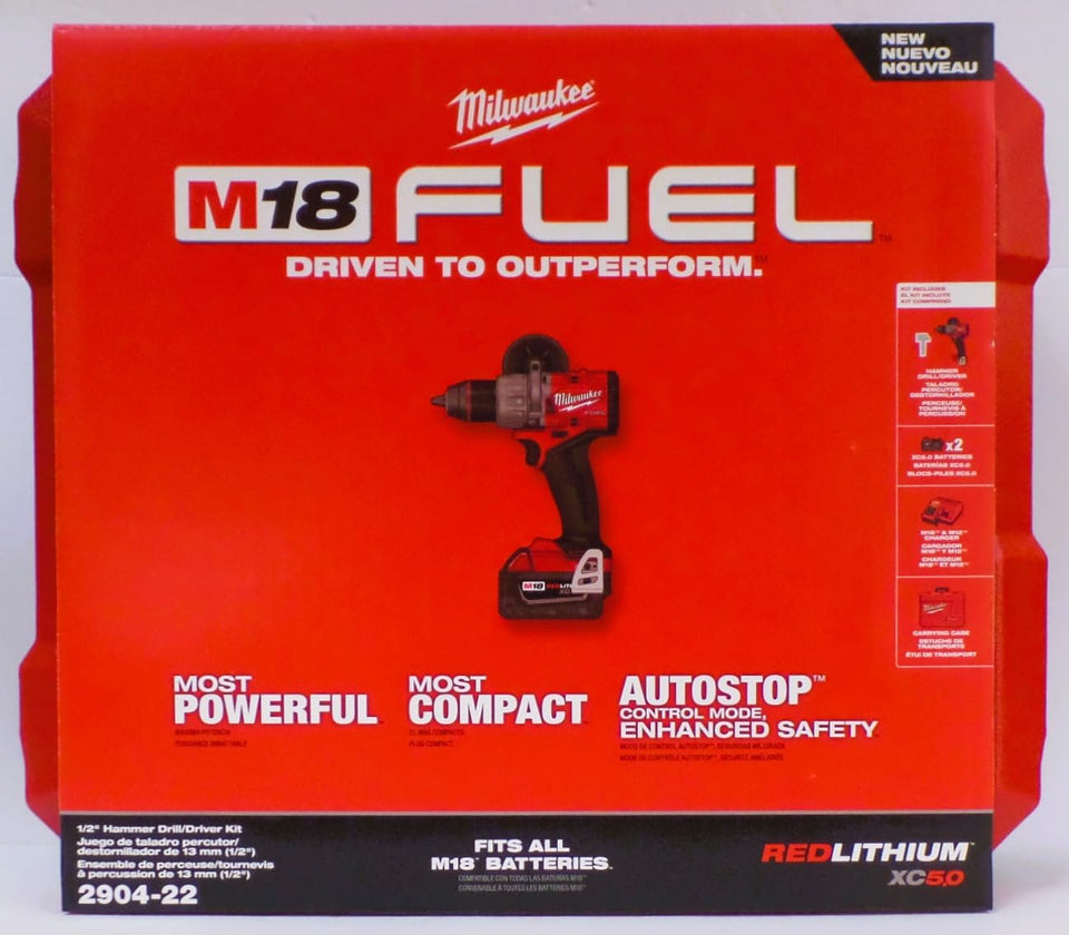 Milwaukee 2904-22 hammer drill/driver with 1/2 inch chuck and 5.0Ah batteries for heavy-duty drilling.