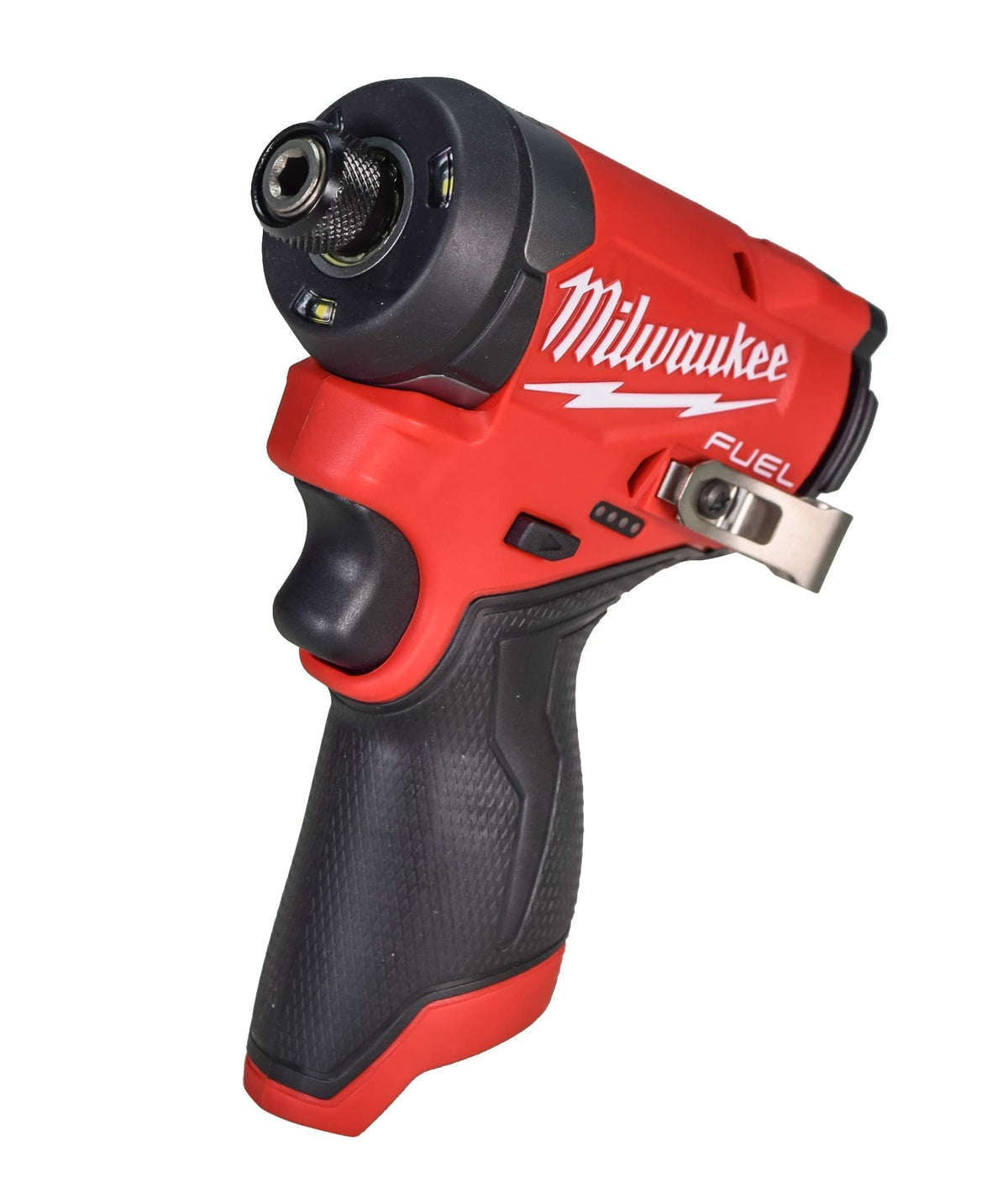 Milwaukee 3453-20 hex impact driver with three LEDs illuminates workspace.