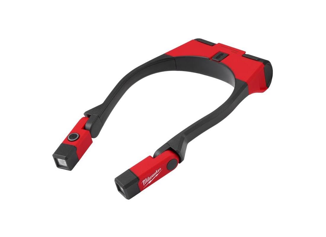 Milwaukee 400-lumen neck light tilt for adjustable, hands-free illumination.