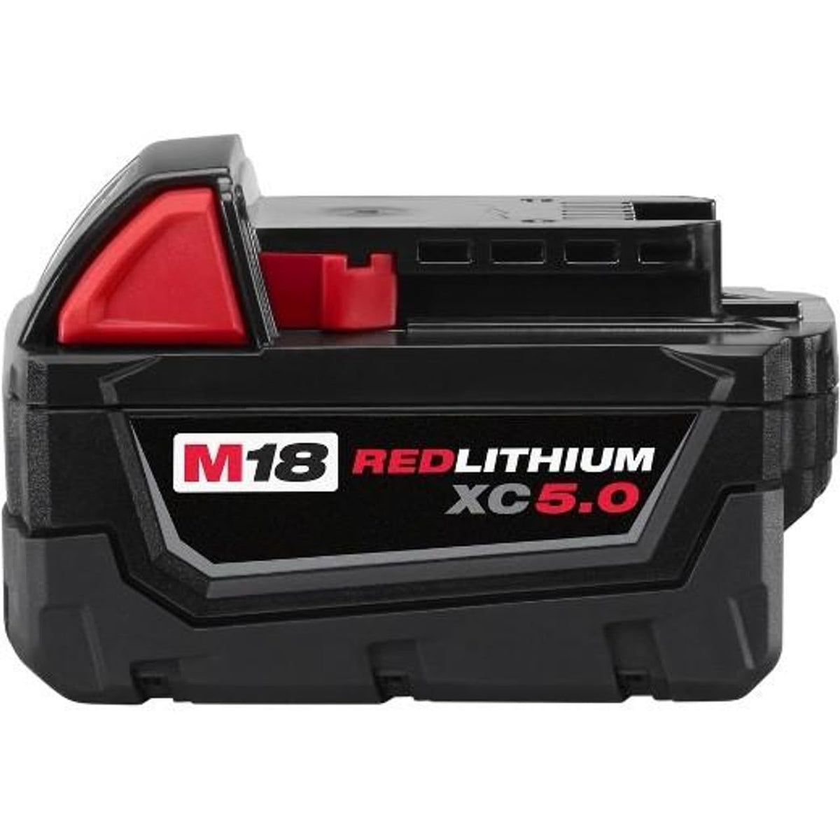 Milwaukee 48-11-1850 battery pack front view shows long-lasting power.