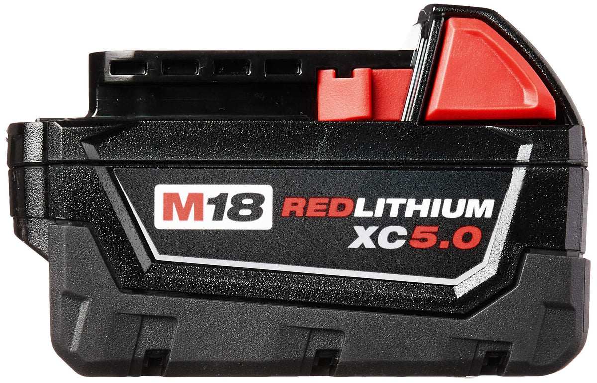 Milwaukee 48-11-1850 battery pack with fuel gauge displays remaining runtime.