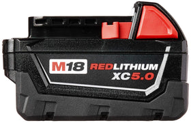 Milwaukee 48-11-1850 battery pack with fuel gauge displays remaining runtime.