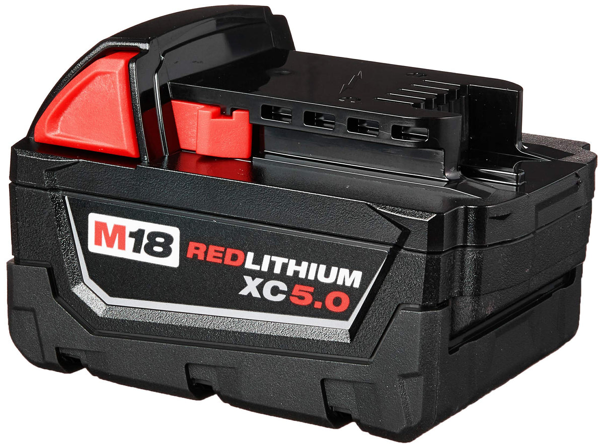 Milwaukee 48-11-1850 battery pack in use on a tool.