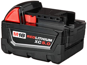 Milwaukee 48-11-1850 battery pack in use on a tool.