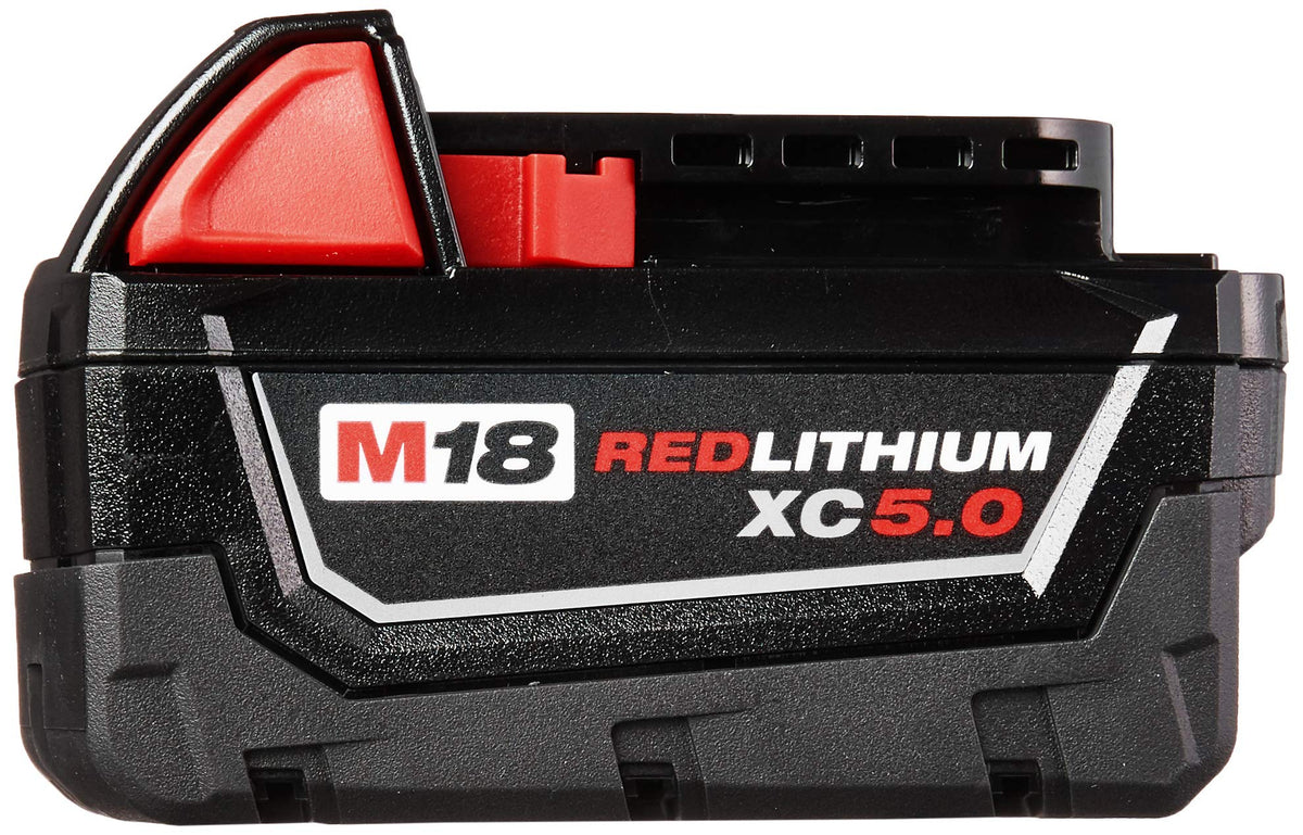 Milwaukee 48-11-1850 battery pack side view emphasizes rugged durability.