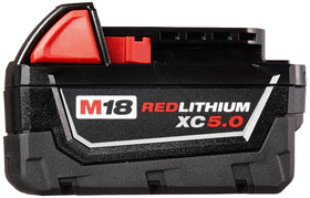 Milwaukee 48-11-1850 battery pack side view emphasizes rugged durability.