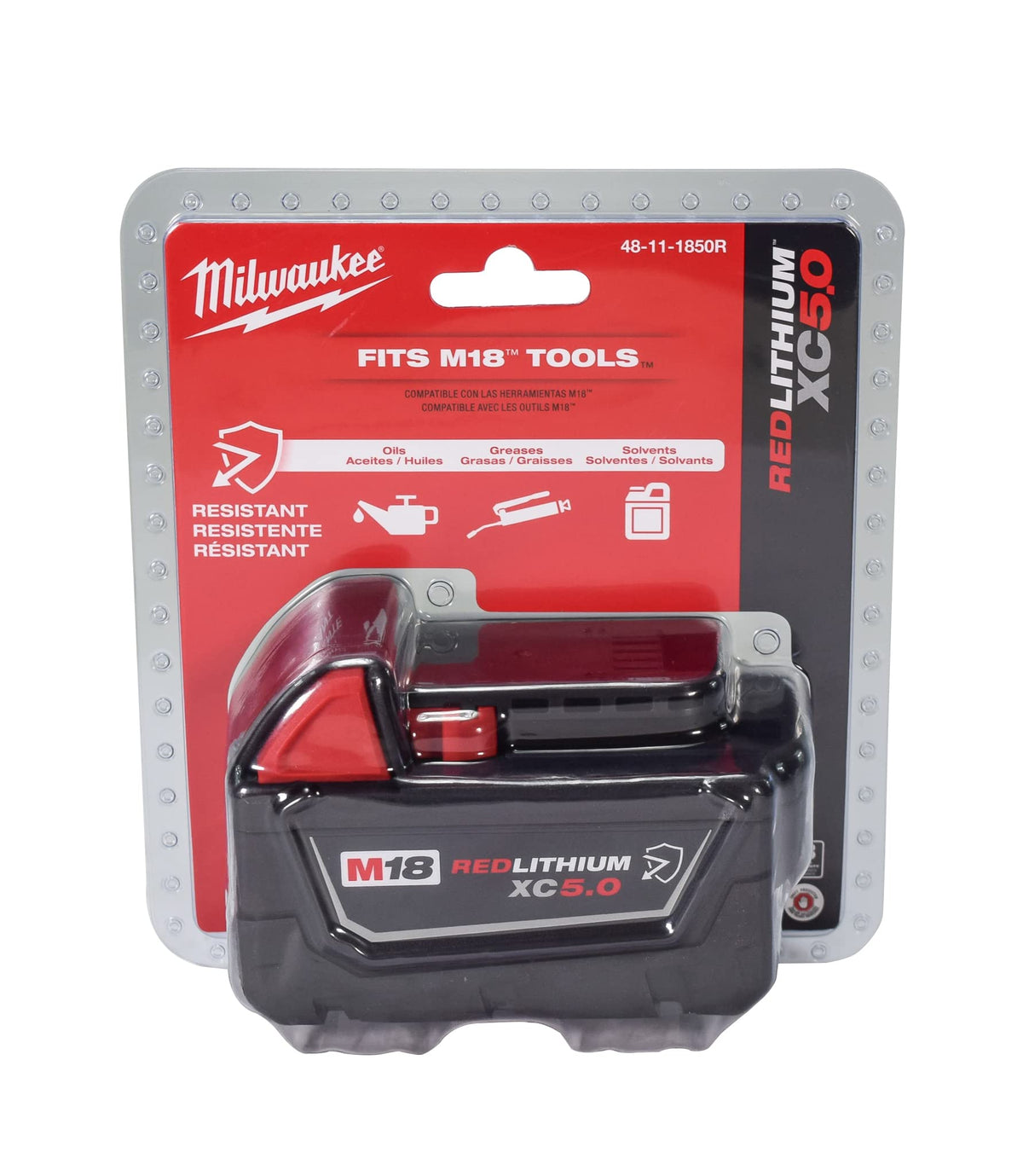 Milwaukee 48-11-1850R battery back view showing fuel gauge and REDLINK integration.