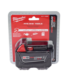 Milwaukee 48-11-1850R battery back view showing fuel gauge and REDLINK integration.