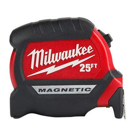 Milwaukee 48-22-0325 compact tape measure with magnetic tip ready to attach to studs.