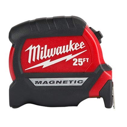 Milwaukee 48-22-0325 compact tape measure with magnetic tip ready to attach to studs.