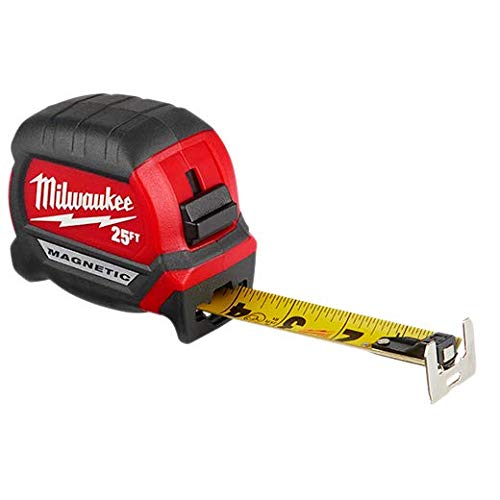 Close-up of Milwaukee tape measure magnetic tip attaching to metal surface.