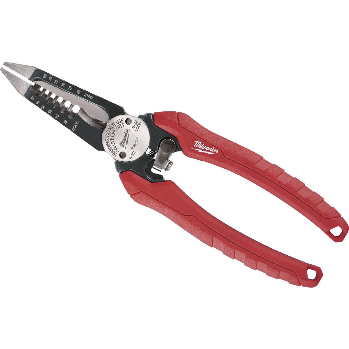 Milwaukee 48-22-3079 6-in-1 pliers performing precise wire stripping on bare wire.