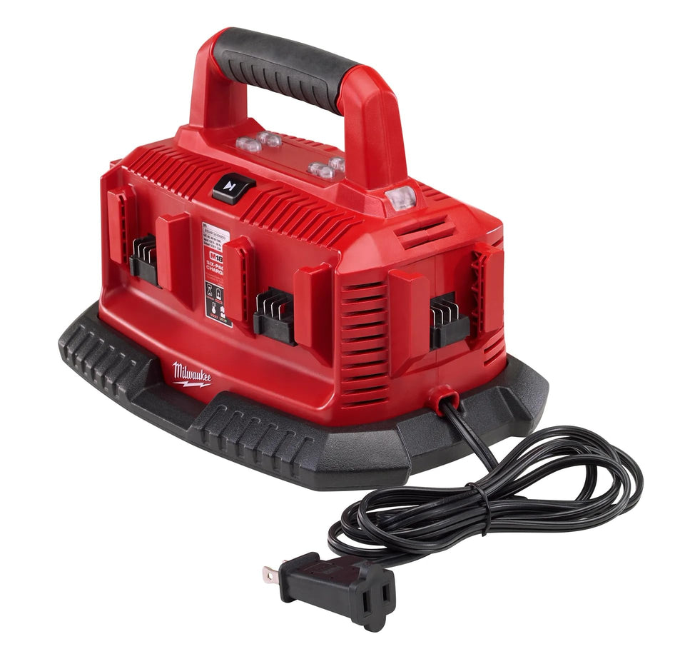 Milwaukee M18 Six Pack Sequential Charger front view demonstrates compact, durable charging for busy jobs.