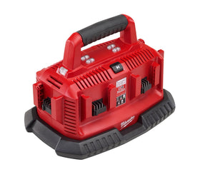Milwaukee M18 Six Pack charger side view emphasizes rugged build for on-site use.