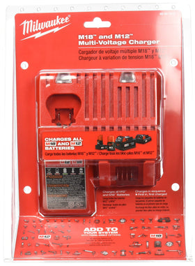 Milwaukee 48-59-1812 dual-battery charger powers 18V and 12V tools on-site efficiently.