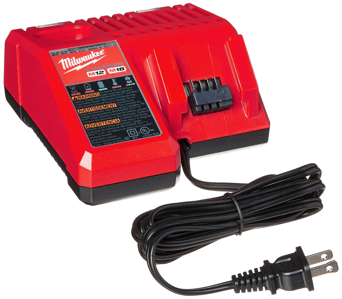 Milwaukee multi-voltage charger in use with M12 and M18 tools