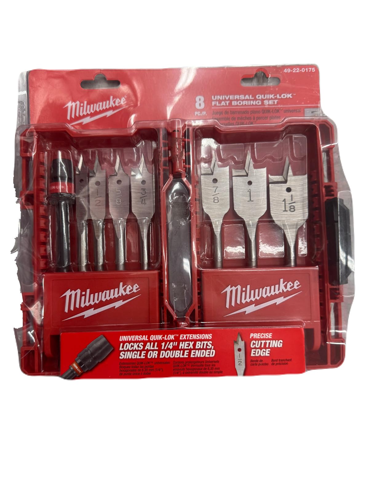Milwaukee 49-22-0175 universal Quik-Lok flat boring spade bits with case boost bore speed and organization