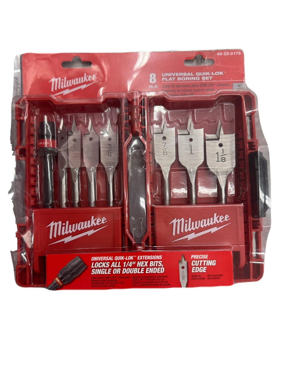 Milwaukee 49-22-0175 universal Quik-Lok flat boring spade bits with case boost bore speed and organization