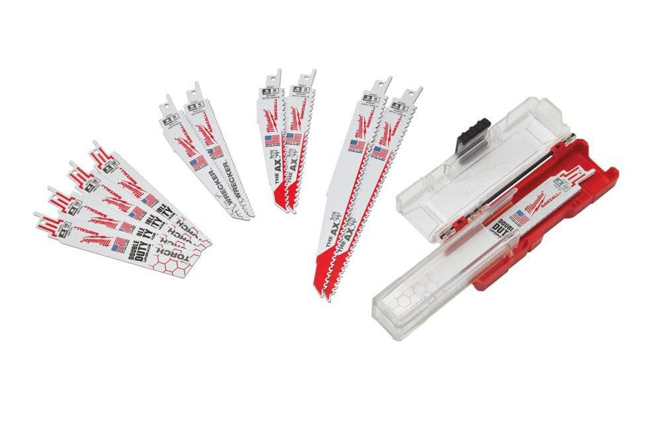 Milwaukee Sawzall blade set in storage pouch opens to five compartments for quick access