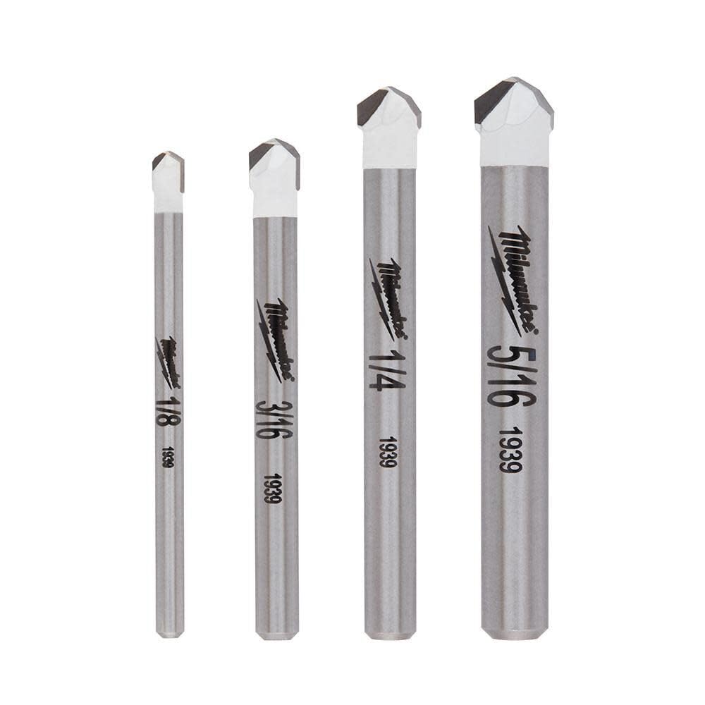 Milwaukee 4-piece natural stone bit set laid out for tile projects