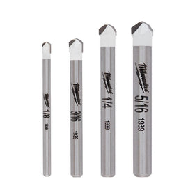 Milwaukee 4-piece natural stone bit set laid out for tile projects
