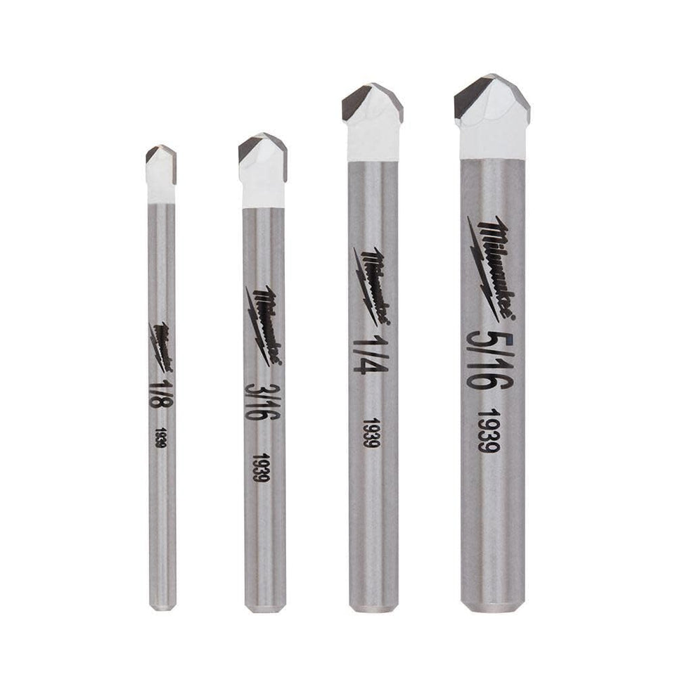 Milwaukee 4-piece natural stone bit set laid out for tile projects
