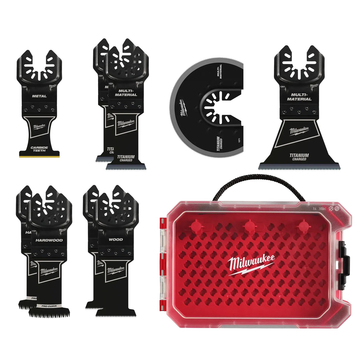 Milwaukee 9pc blade set mounted for curved or intricate cuts.
